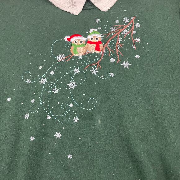 VTG Top Stitch Christmas Owls Collared Sweatshirt size L Green Embroidered - Picture 2 of 7